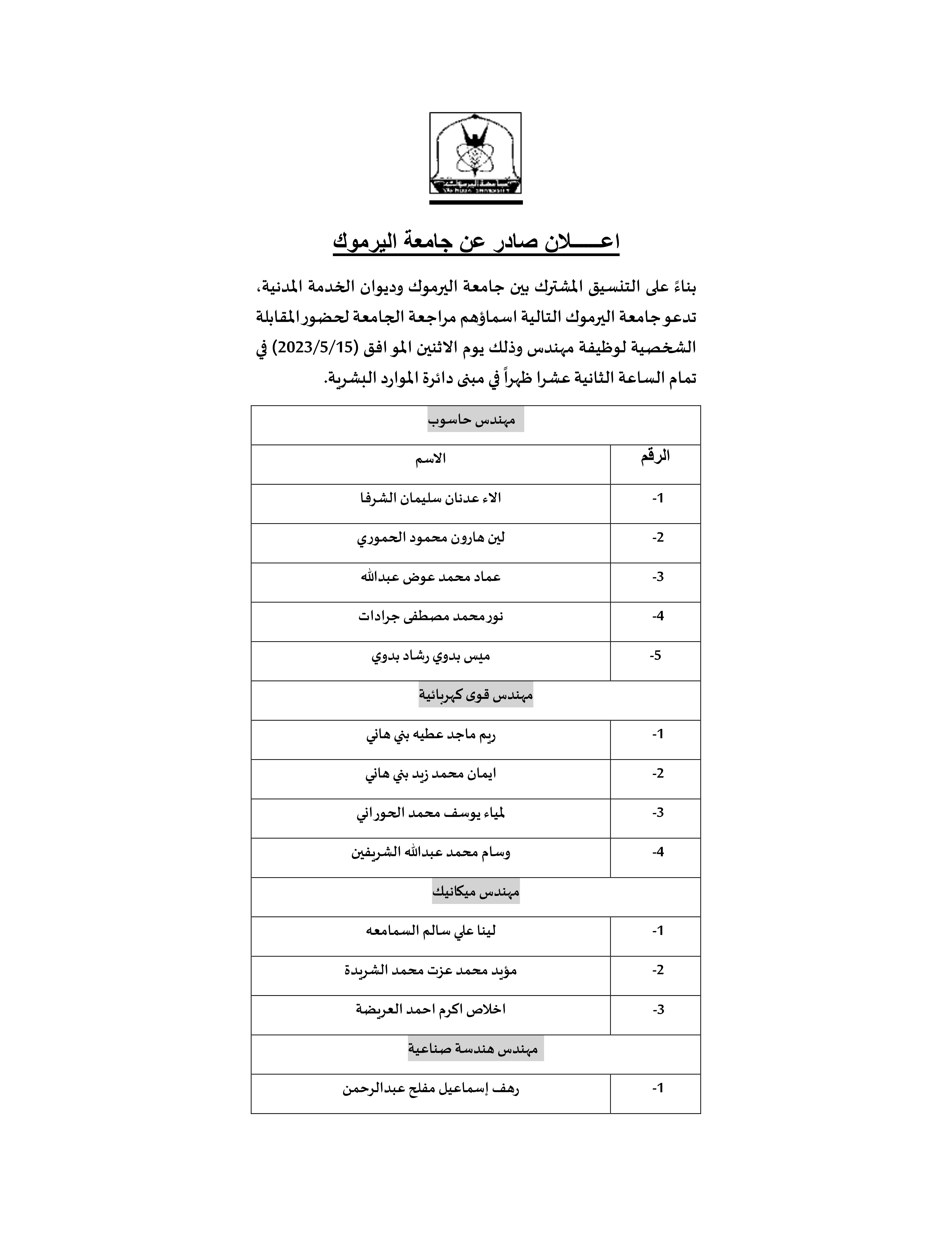 اعــــــلان صادر عن جامعة اليرموك مقابلة كلية الحجاوي 1