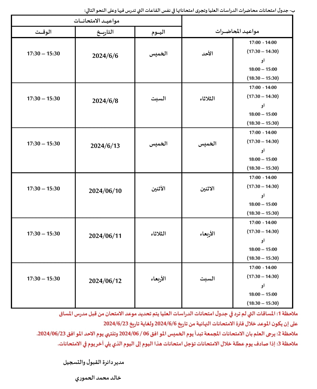 جدول الامتحانات النهائية 2