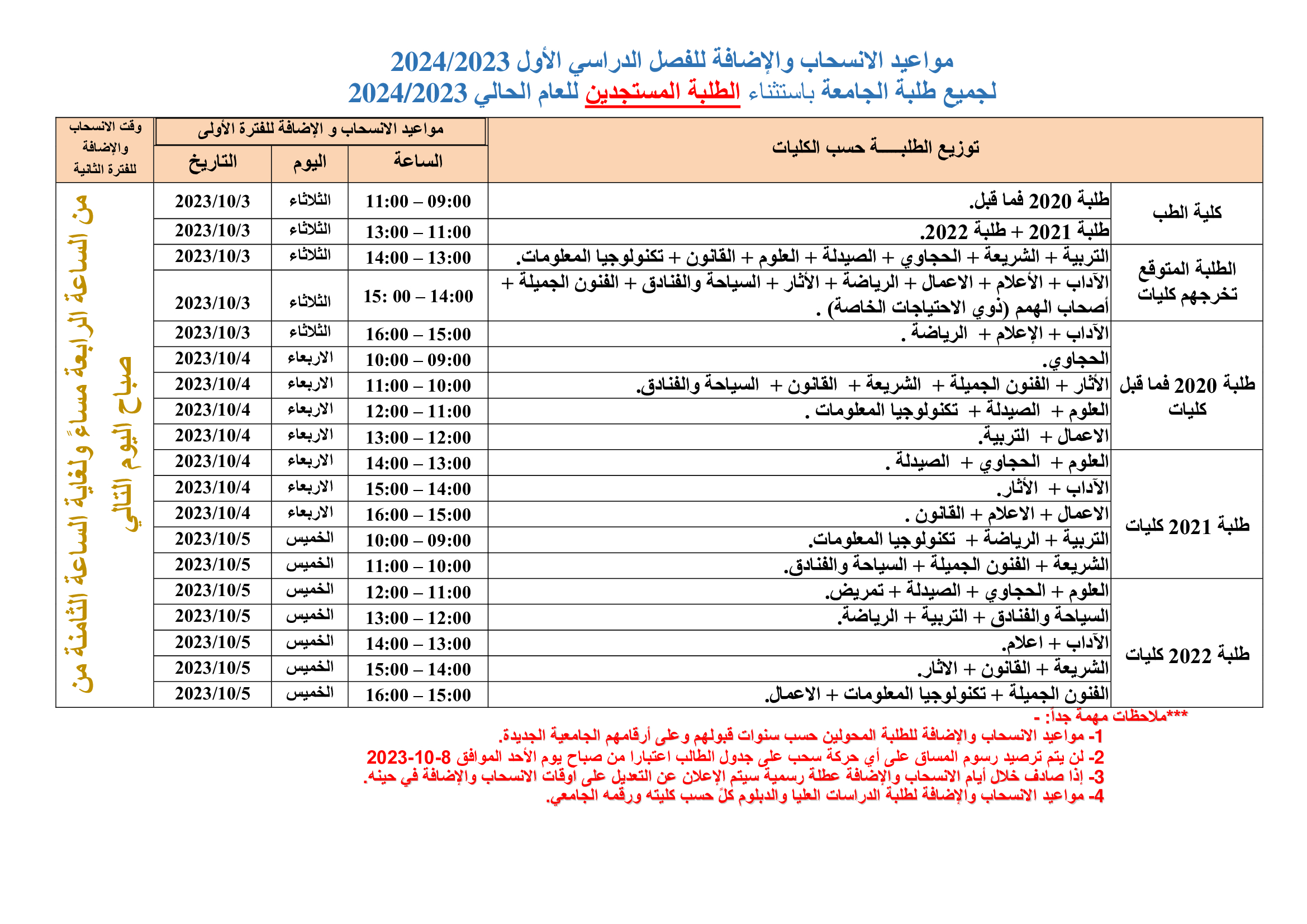 مواعيد الانسحاب والاضافه